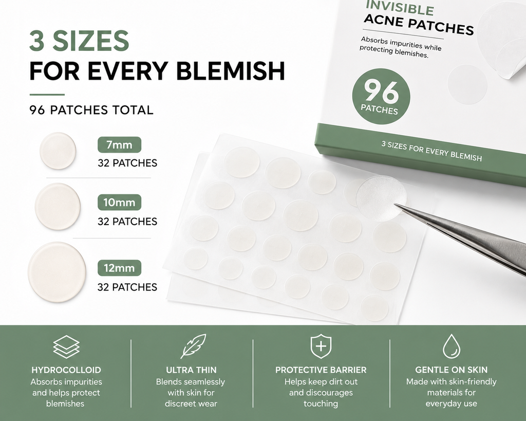 Velune Skin Invisible Acne Patches | 96 Hydrocolloid Patches (7mm, 10mm & 12mm)