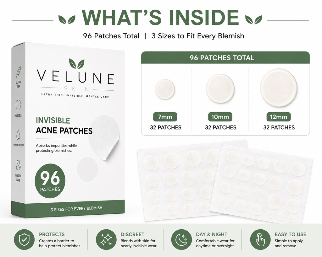 Velune Skin Invisible Acne Patches | 96 Hydrocolloid Patches (7mm, 10mm & 12mm)