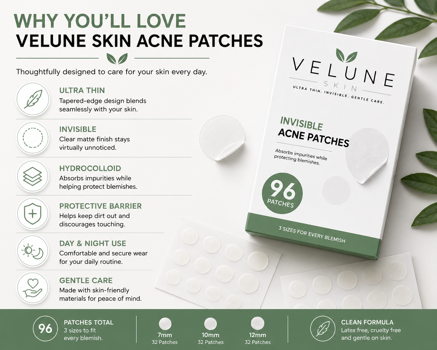 Velune Skin Invisible Acne Patches | 96 Hydrocolloid Patches (7mm, 10mm & 12mm)
