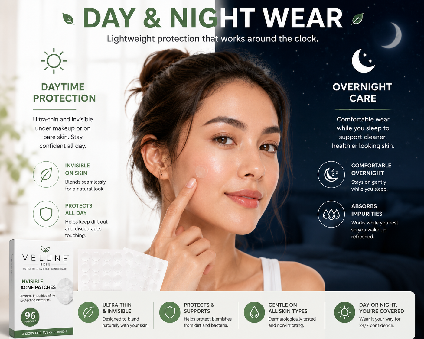 Velune Skin Invisible Acne Patches | 96 Hydrocolloid Patches (7mm, 10mm & 12mm)
