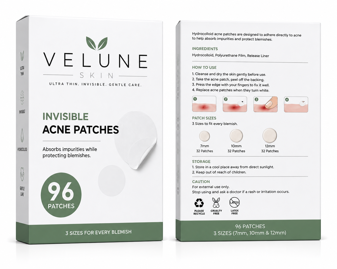 Velune Skin Invisible Acne Patches | 96 Hydrocolloid Patches (7mm, 10mm & 12mm)