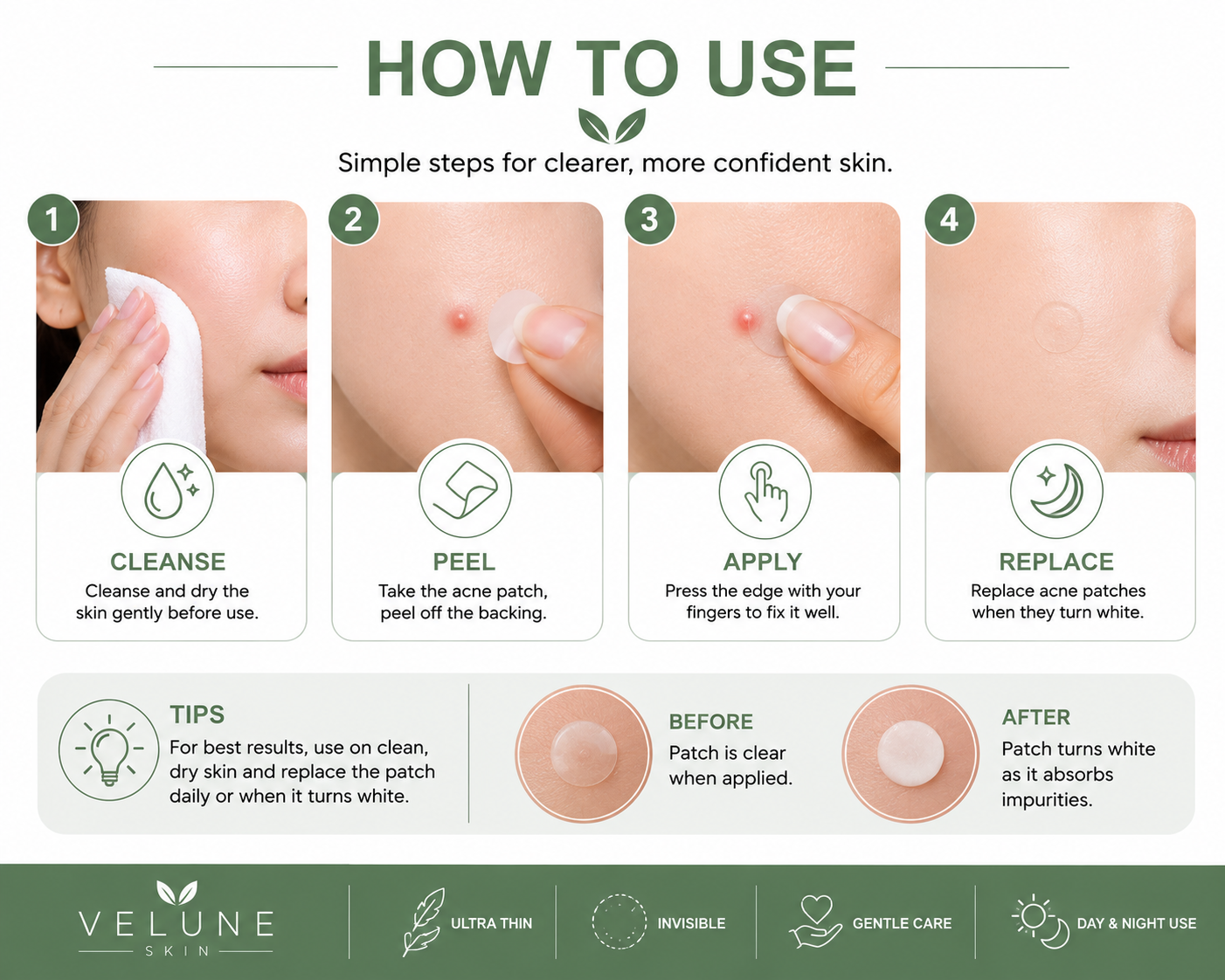 Velune Skin Invisible Acne Patches | 96 Hydrocolloid Patches (7mm, 10mm & 12mm)